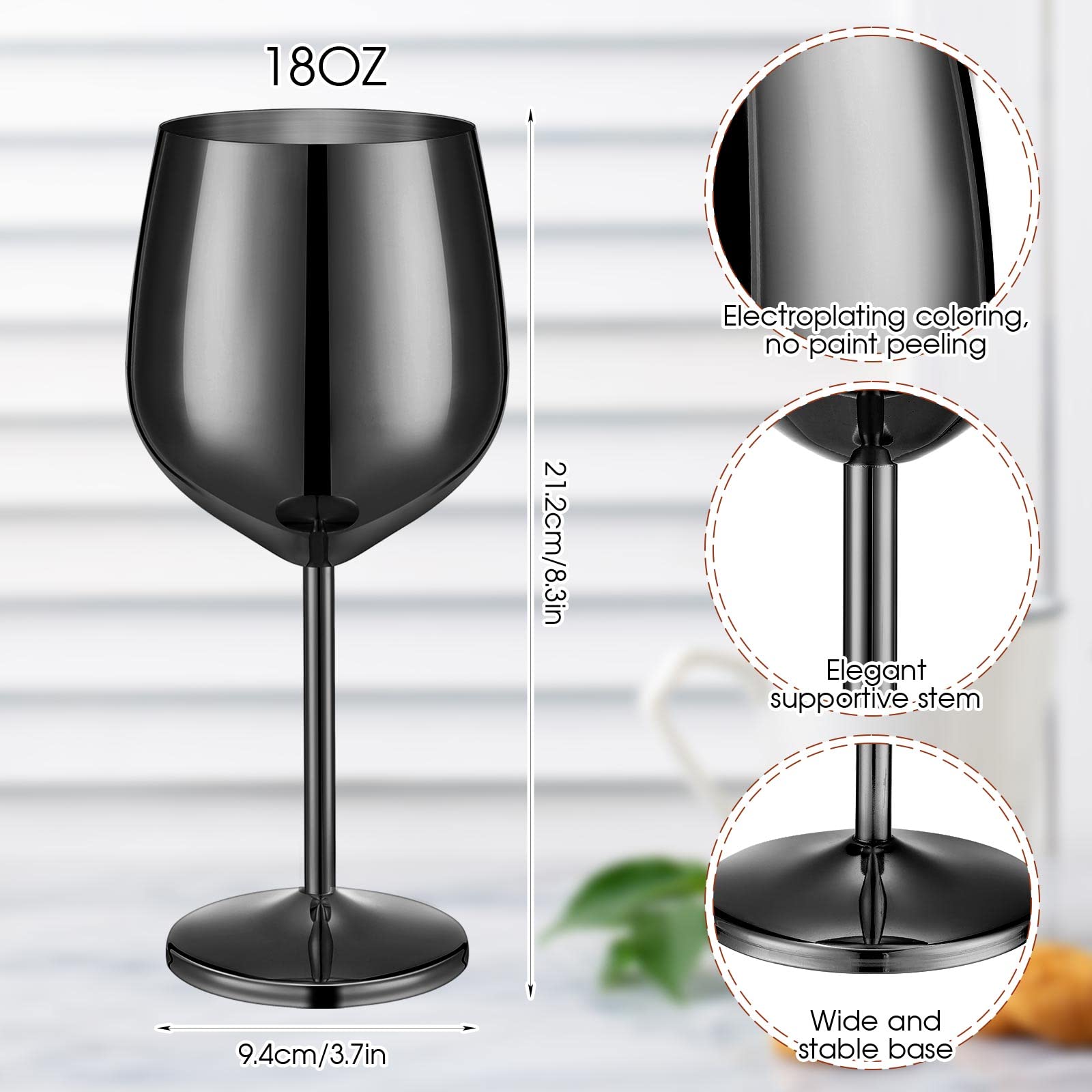 Juego de 6 copas de vino de acero inoxidable irrompibles de 18 onzas, copas de vino metálicas para eventos al aire libre, fiestas, playa, piscina, viajes, aniversario de boda (negro)