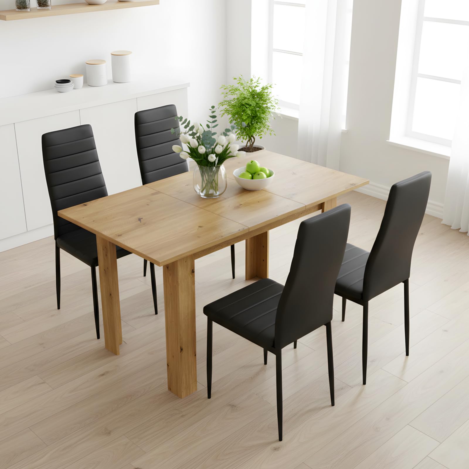 Ensemble Table à Manger Extensible 90-125 cm avec 4 Chaises, Ensemble Table et Chaises en Similicuir, Gain de Place, pour Petit Espace Cuisine Salle à Manger et Salon (Chêne + Noir)