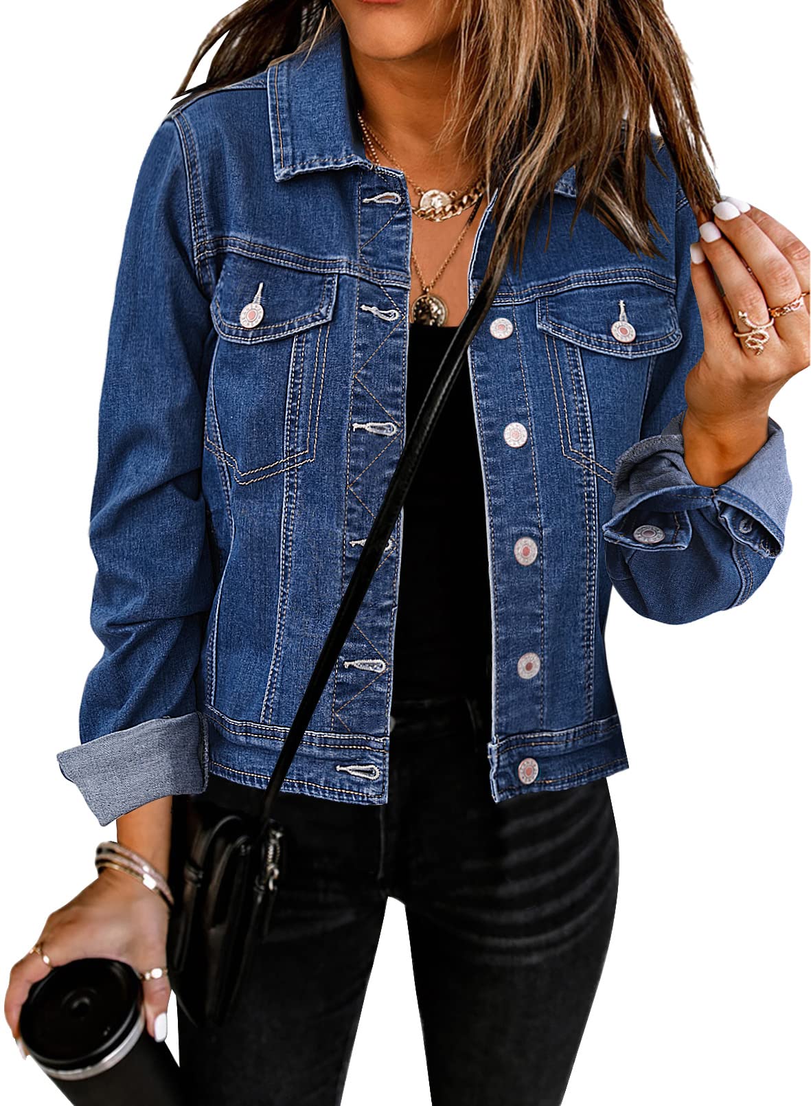 GRAPENTWomen's Basic Button Down Long Sleeve Stretchy Jean Trucker Denim Jacket, Blue, S