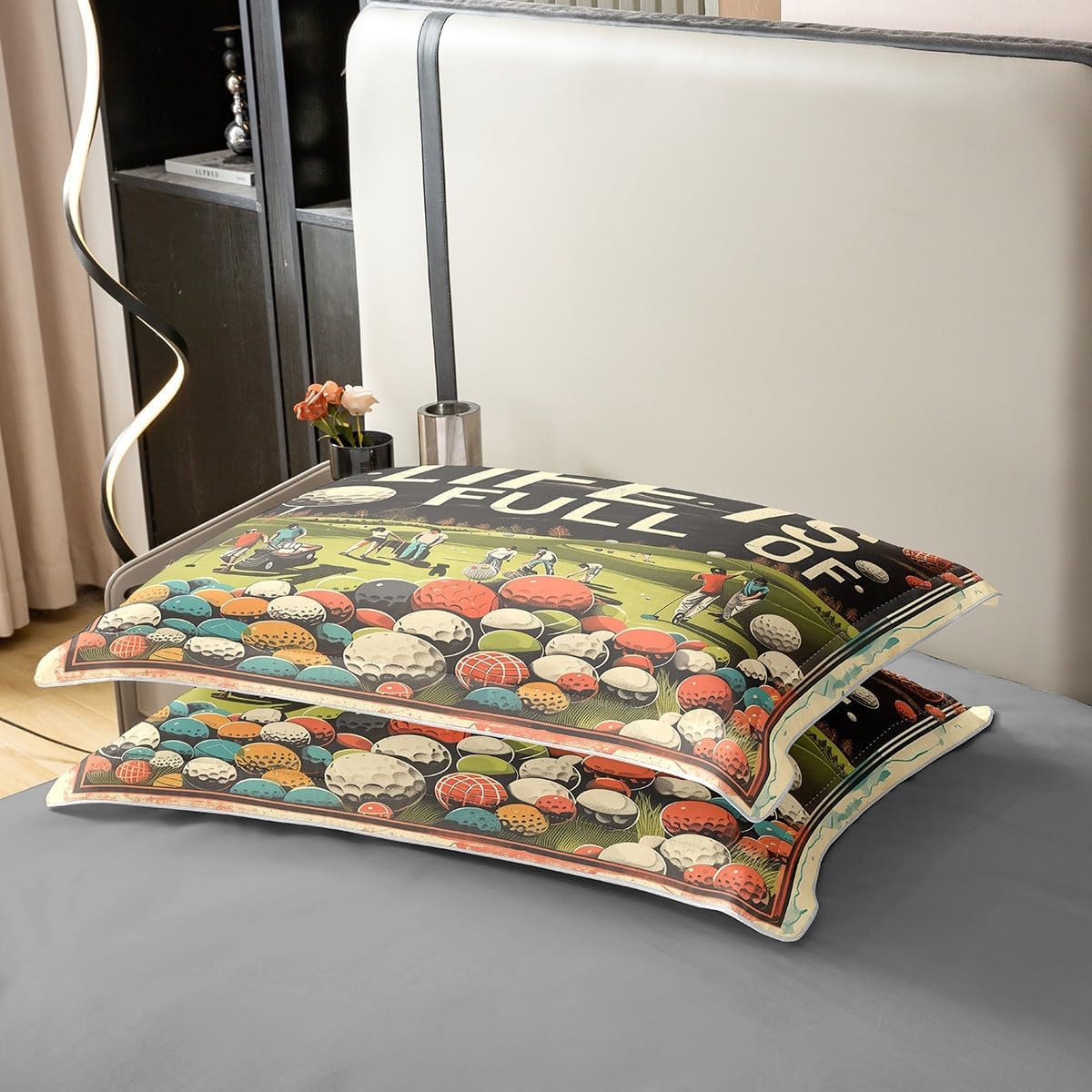 Manfei 100% Cotton Golf Balls Duvet Cover,Sport Lovers Golf Club Player Course Vintage Graffiti Comforter Cover(No Filler),Sporting Games Retro Beige Black Decorative Quilt Cover,3Pcs Full Size
