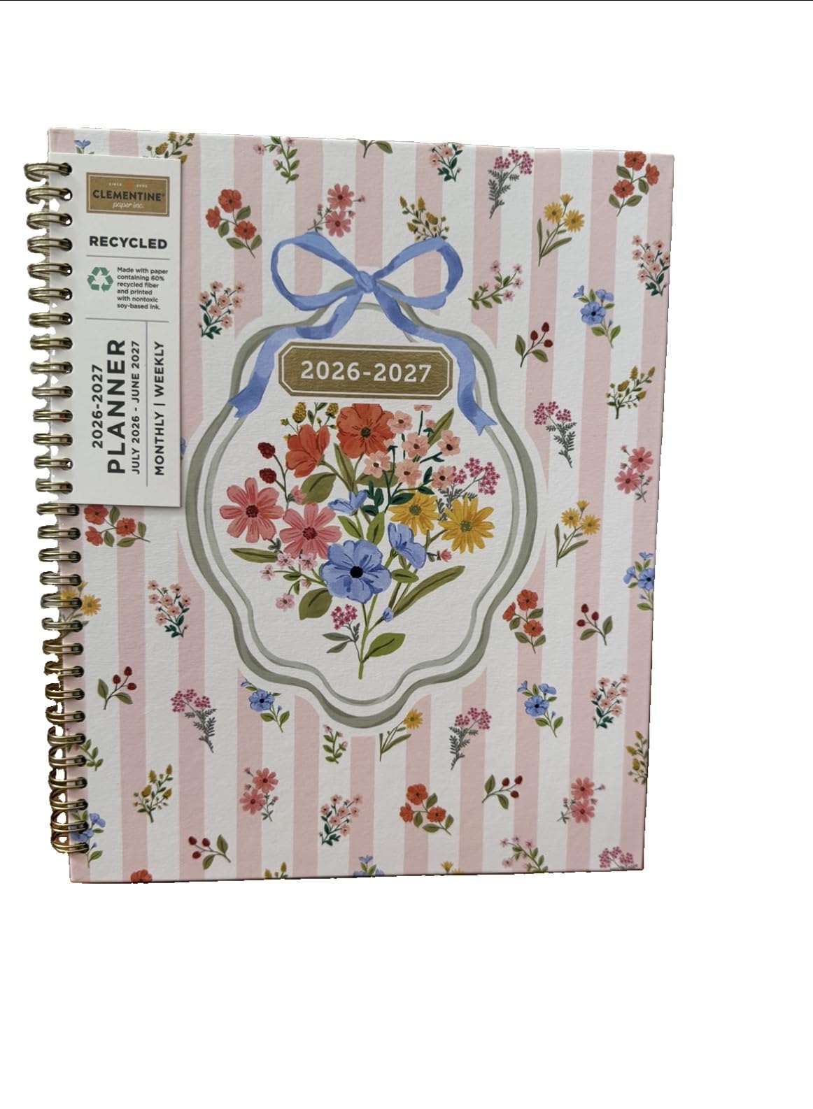 Clementine - Agenda settimanale 2027, 12 mesi, da luglio 2026 a giugno 2027, carta riciclata con motivo floreale su avorio, rilegatura a spirale, 28 x 22,9 cm