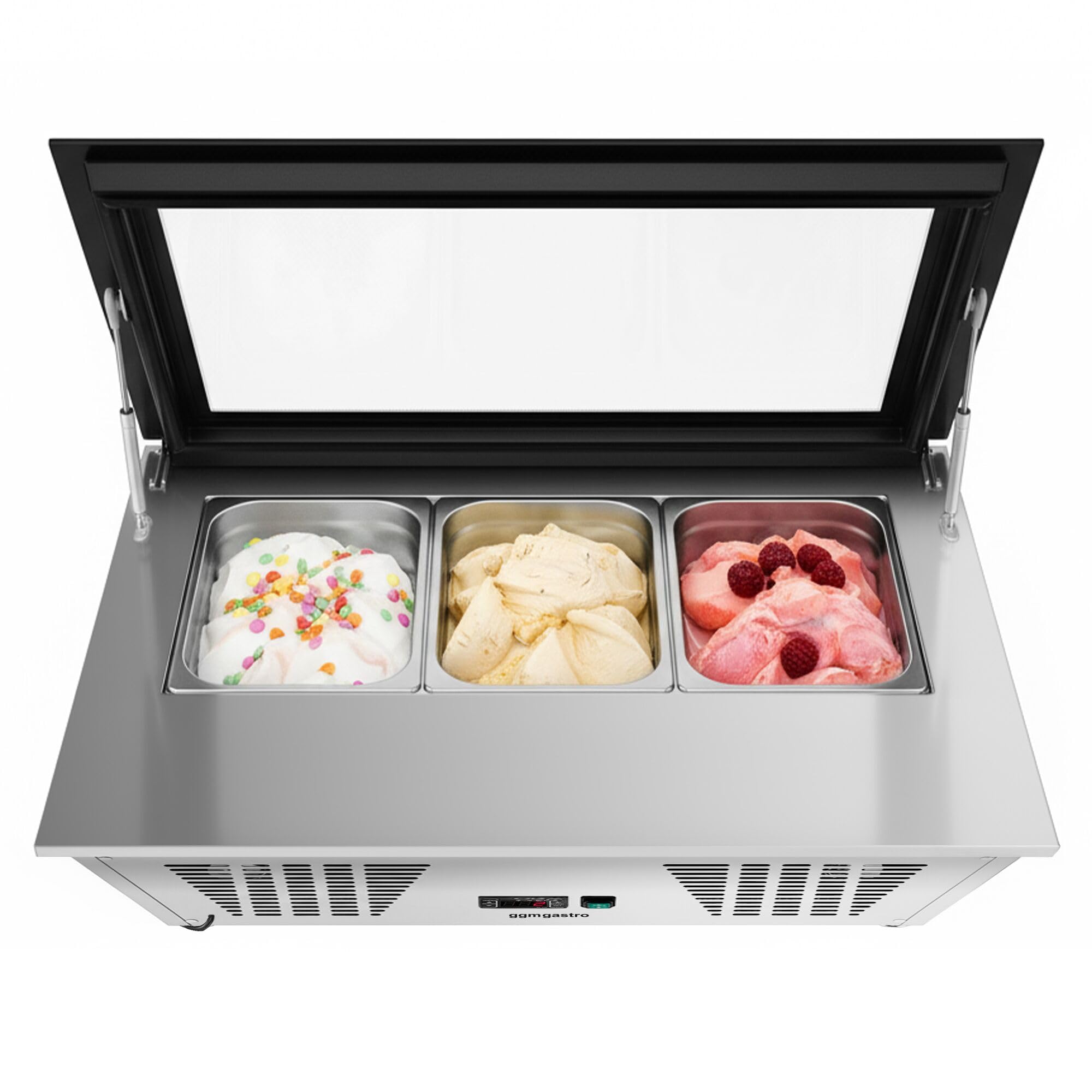 GGM Gastro | EAVNR87N | Tisch-Eisvitrine - 870mm - Statisch - für 4x 5 Liter Eisbehälter - gerader Deckel - Deckelöffnung zur Bedienseite