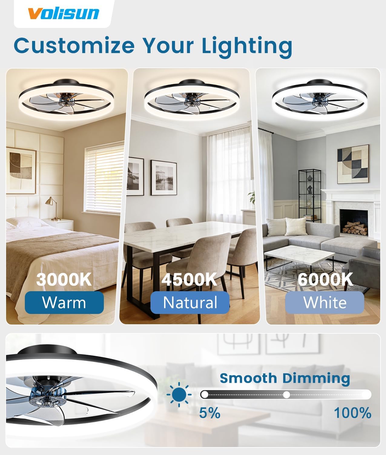 VOLISUN Low Profile Ceiling Fans with Lights and Remote, 27.6in Fandelier Ceiling Fan Flush Mount, 3000K-6500K Smart Bladeless LED Fan Light, Black Modern Ceiling Fans with Lights for Bedroom Black 27.6 INCH