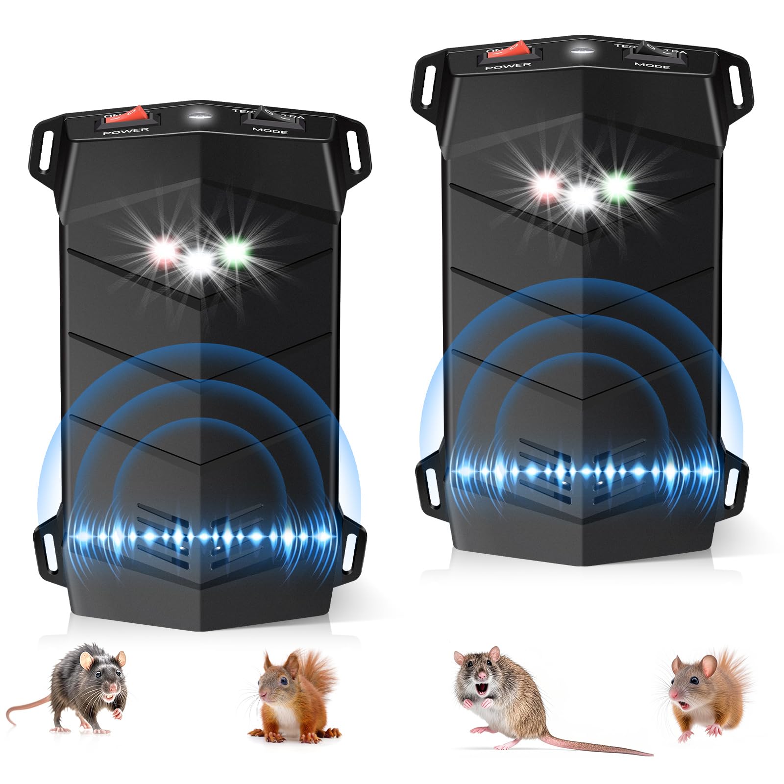 Repelente de roedores para motores de automóvil, paquete de 2, repelente ultrasónico de ratones con sonido de frecuencia variable y flash LED, protección de roedores debajo del capó para automóviles