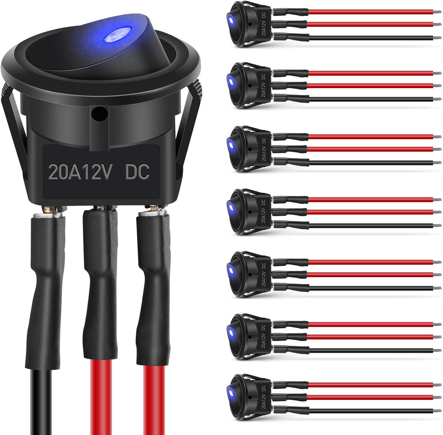 Nilight 8PCS 12V 20A Round Blue Toggle LED Rocker Switch On-Off Control SPST 3Pins for 12V Car Truck Boat Marine Off-Road Vehicle with 24PCS Wires