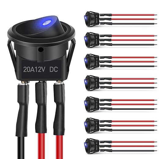 Nilight 8PCS 12V 20A Round Blue Toggle LED Rocker Switch On-Off Control SPST 3Pins for 12V Car Truck Boat Marine Off-Road Vehicle with 24PCS Wires,2 Years Warranty