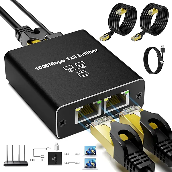 Gigabit Ethernet Splitter 1 to 2 with 2Pack 6.6ft LAN Cat6 Cable, High-Speed 1000Mbps RJ45 LAN Splitter Adapter for Router, Modem, Switch Compatible with Cat5/5e/6/7/8 Ethernet Cables, USB Powered