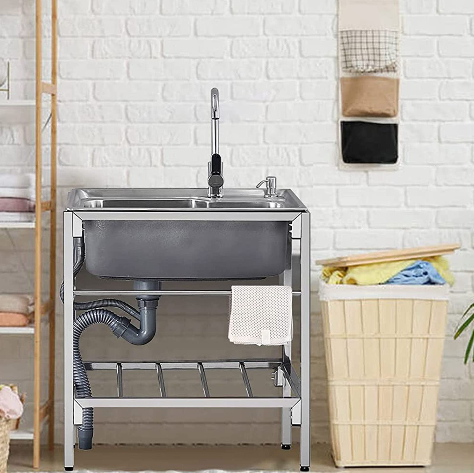 304 Stainless Steel Utility Sinks, Standing Catering Sink with Telescopic Basket for Laundry Room with Tap and Drain Industrial Garage Sink Commercial Sink