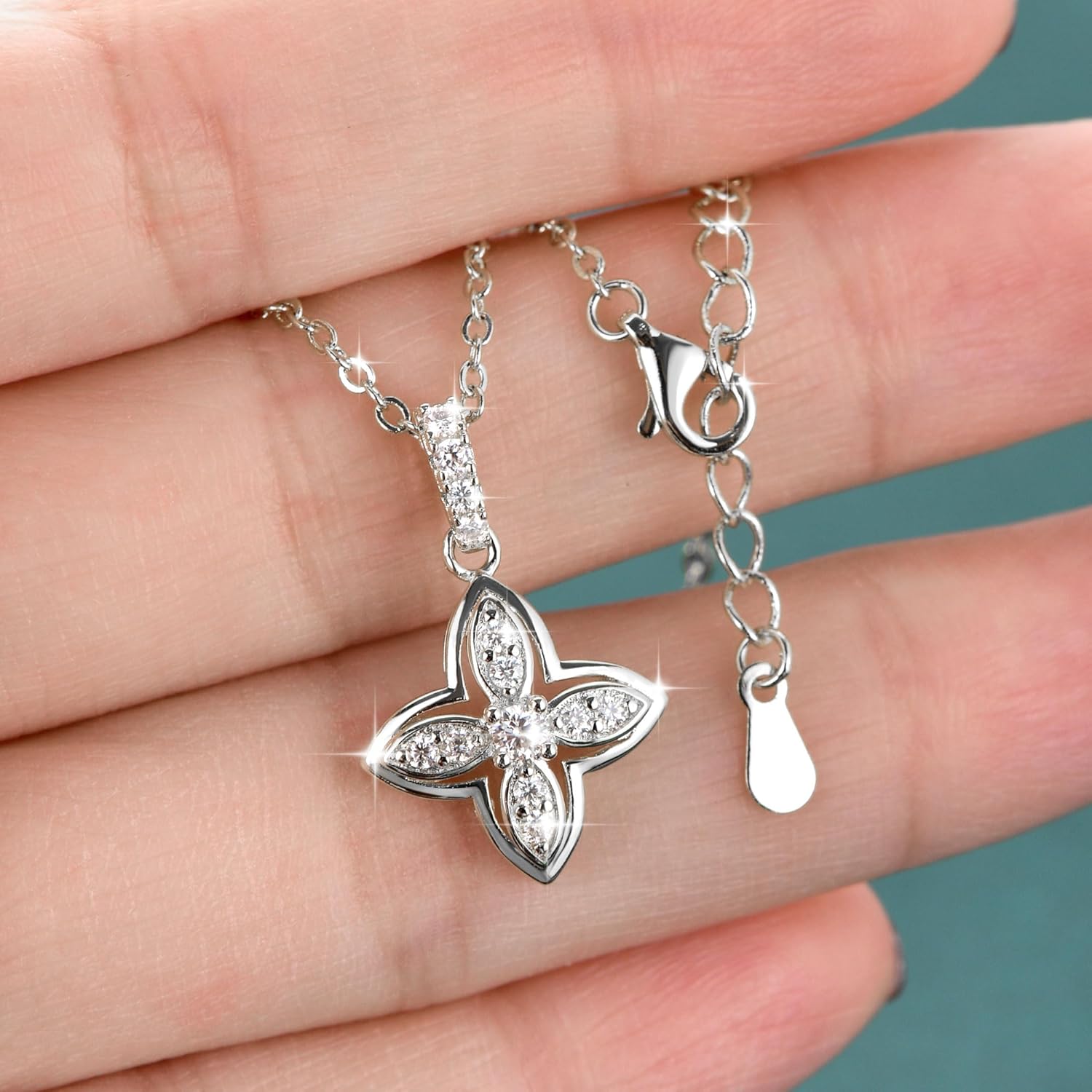 Four Clover Moissanite Pendant Necklace, 0.13CTTW D Color Moissanite 14K Gold Plated Luck Four-Leaf Pendant for Women Mom Birthday Jewelry Gifts - Image 5