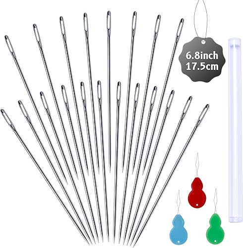 Juego de 40 agujas de coser grandes a mano, agujas de coser largas, agujas de costura de ojos grandes con enhebrador de dedales y tubo de