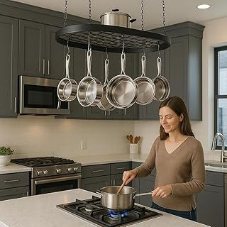 Black Hanging Pot and Pan Rack Organizer Space-Saving Ceiling Mount Cook...