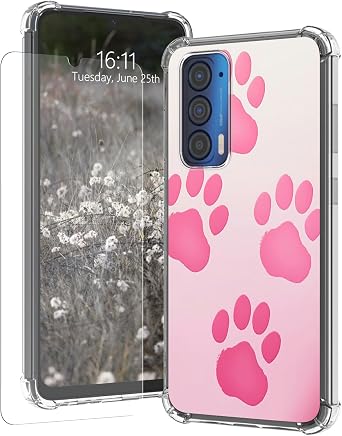 for Motorola Moto Edge 2021 Edge 5G UW Clear Case with Screen Protector [Anti-Yellowing] [Drop Protection] Slim Soft Silicone TPU Transparent Shockproof Protective Cover,Pink Dog Paw Prints