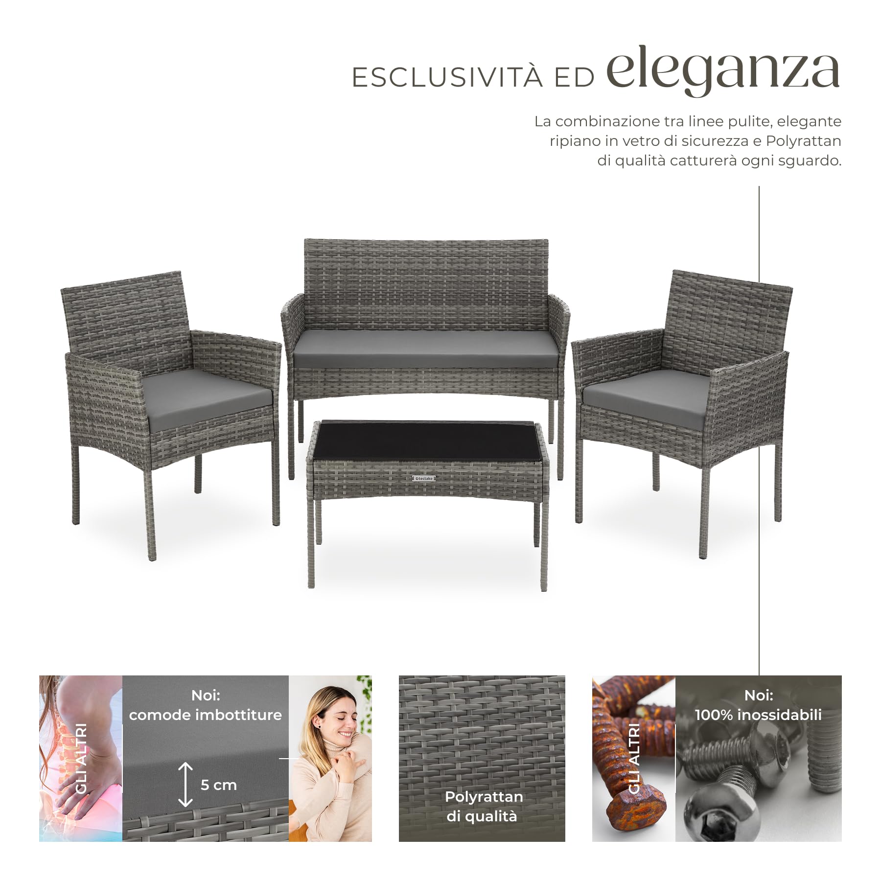 Tectake Set da Giardino in Rattan 4 Posti Polyrattan Resistente Cuscini Idrorepellenti Lavabili Tavolino Vetro di Sicurezza Grigio