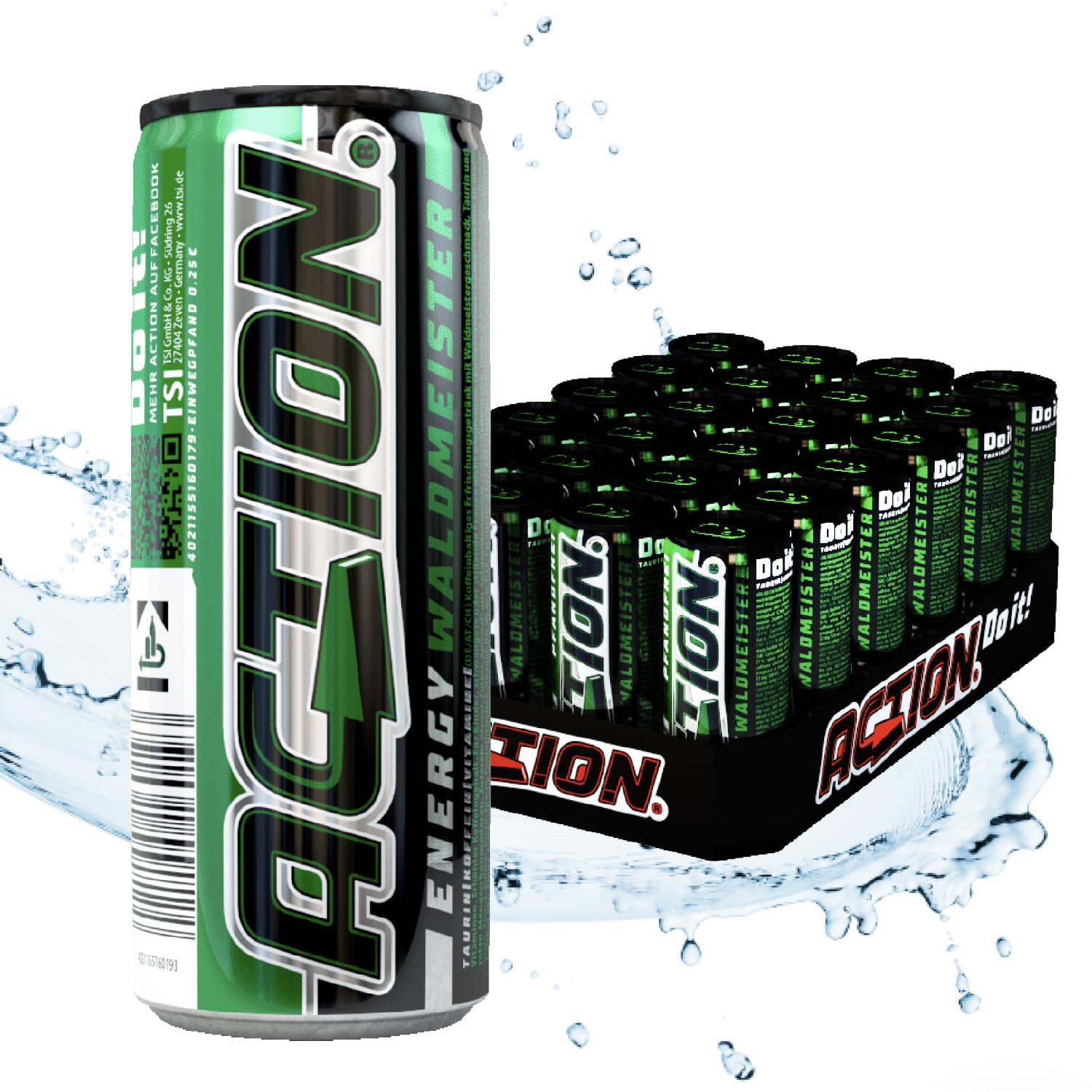 ACT!ON Action Energy Drink Waldmeister (48 x 250 ml) incluye depósito – Refresco con sabor a madera – patata energética con mayor contenido de cafeína 32 mg/100 ml de cafeína para mejorar el enfoque