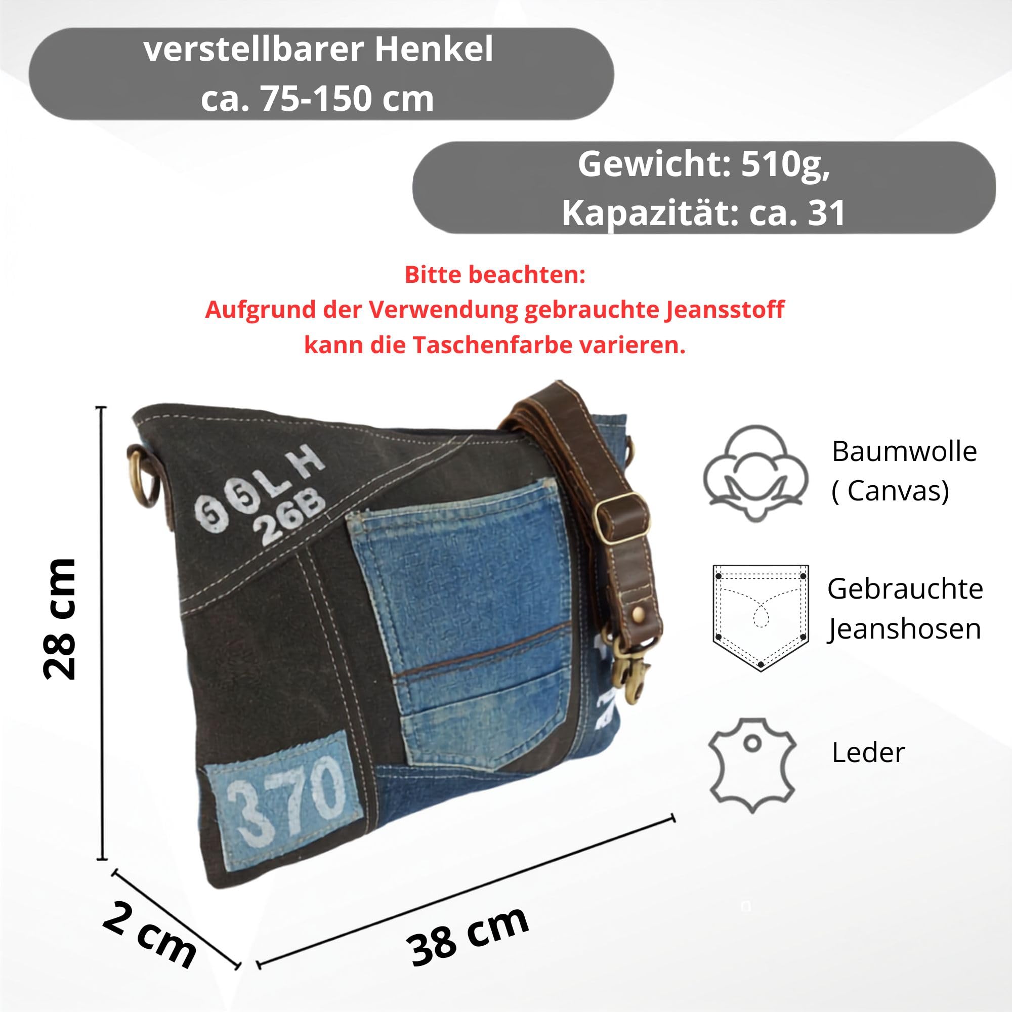 Sunsa Damen Umhängetasche, Tasche aus Recycelte Jeans & Canvas schwarz/Blau