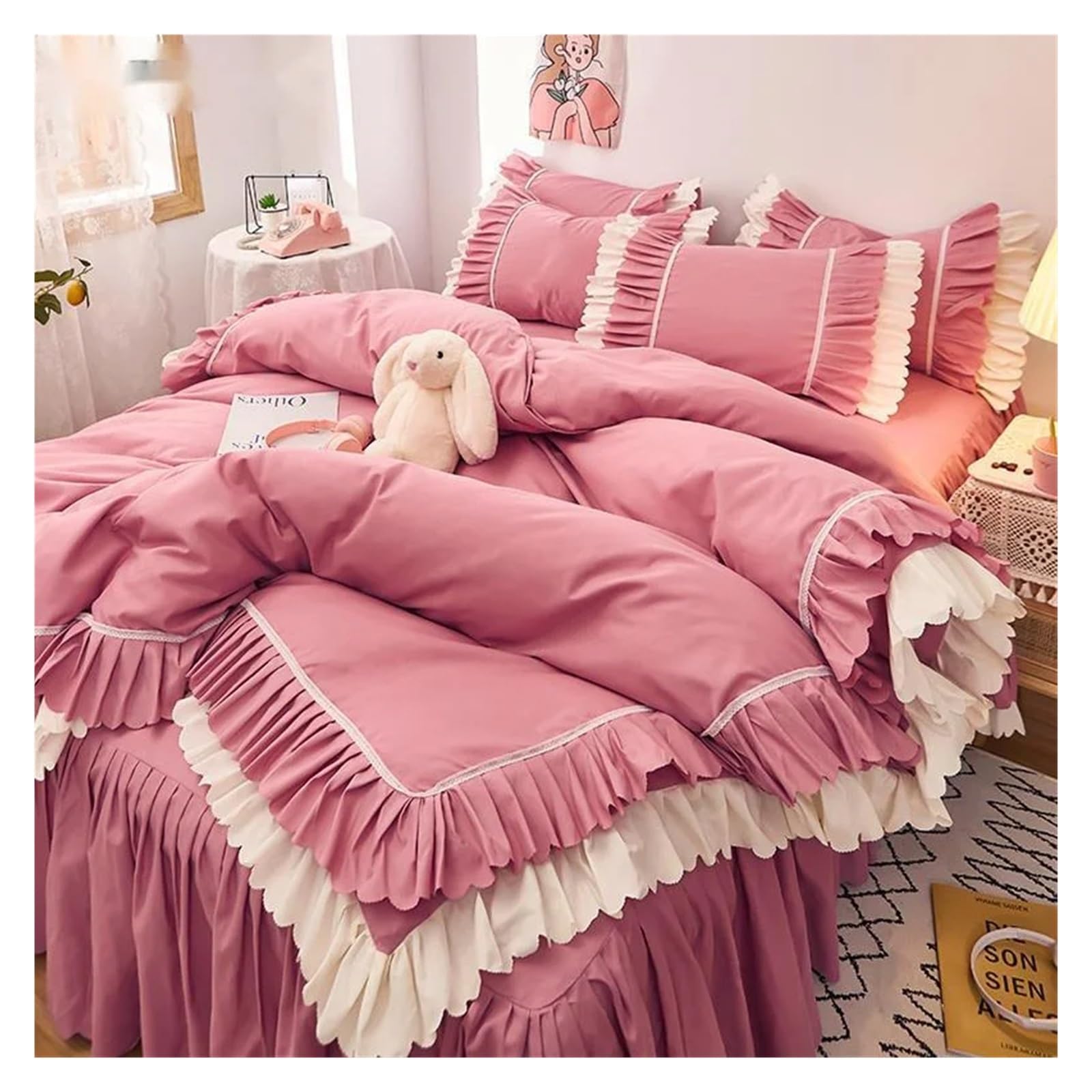 Parure de lit couple rose avec housse de couette queen size thermorégulatrice 4 pièces
