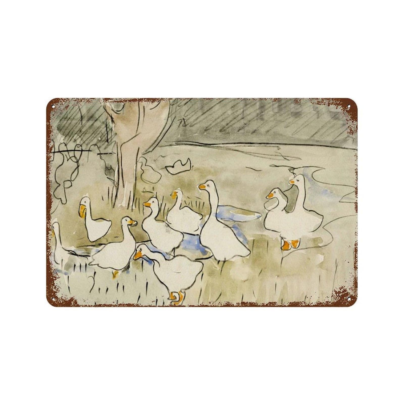 xiaoxiaoshen Vintage Nursery Farmhouse Abstract Duck Animal Illustration Goose Painting Wall Decor Art Metal Tin Poster Modern Home Decor Art Home Bar Shop Decorations Vintage Sign 20x30cm