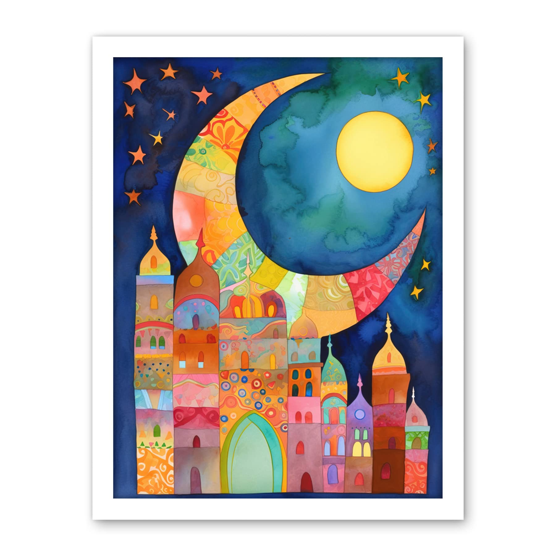 Artery8 Eid Crescent Moon Cityscape Folk Art Watercolour Painting Artwork Framed Wall Art Print 18X24 Inch