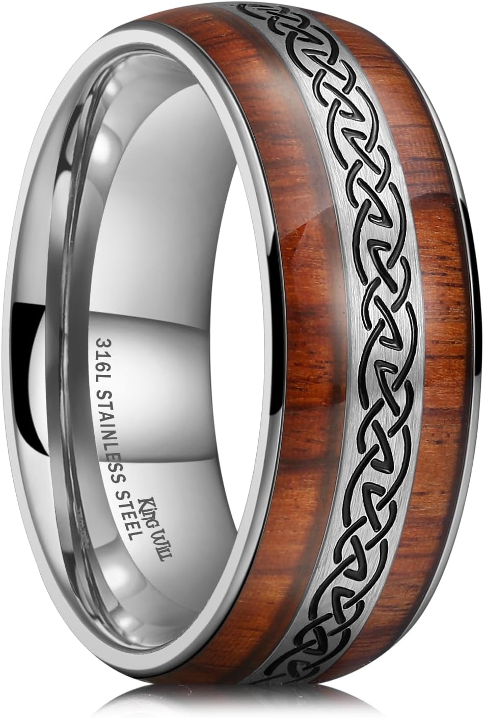 King Will 4mm 6mm 8mm Stainless Steel Wedding Band for Men Women, Koa Acacia Wood Inlay Ring with I Love You Engraving & Celtic Knot, Promise Anniversary Ring Comfort Fit