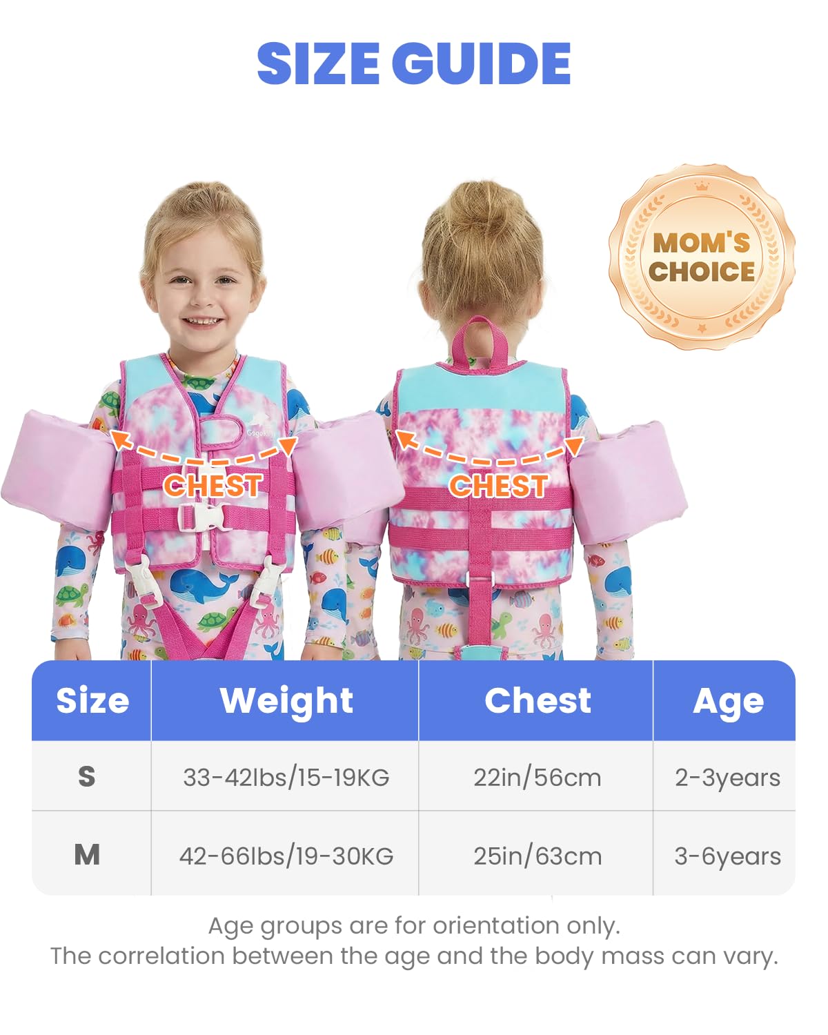 Gogokids Gilet da Nuoto per Bambini con Braccioli, Stile Giacca Galleggiante, Cinghie Regolabili (1-6 Anni/9-30 kg)