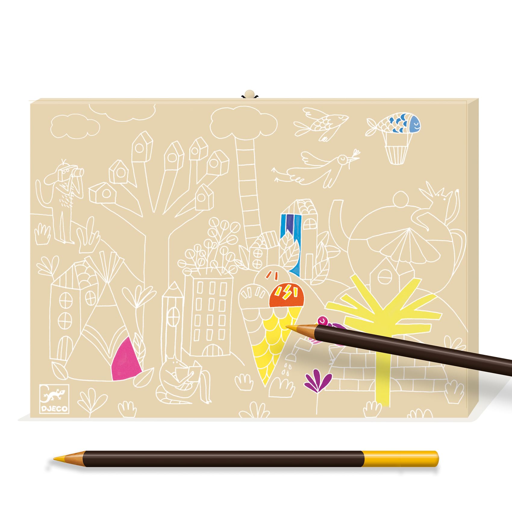 DJECO Boîte de Couleurs, dès 5 Ans - Contient Crayons, Feutres, Gouache, Pinceau, Gomme, Taille-Crayon - Stimule la Créativité - Mallette Art Portable et Personnalisable - Qualité Supérieure, EU