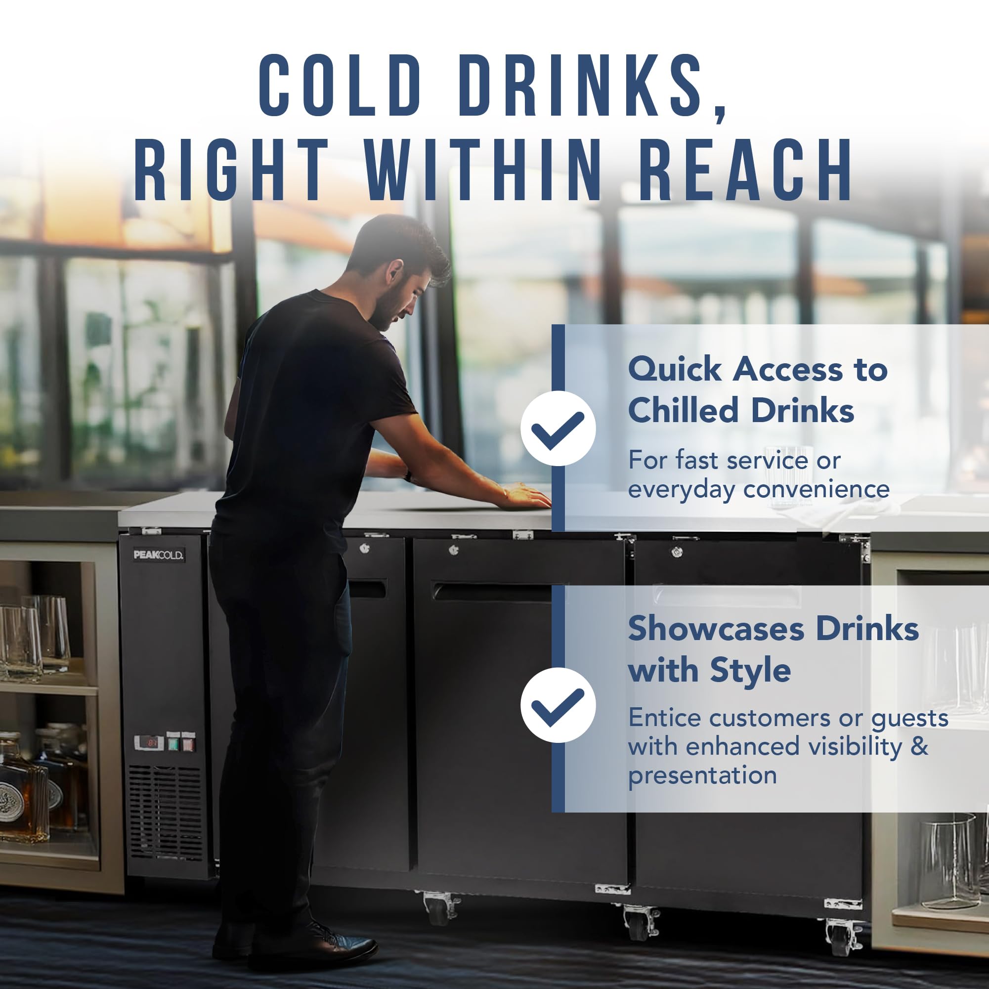 Peakcold 3-Door Counter Height Beverage Refrigerator - 73" Wide Energy Efficient Solid Black Beer Cooler & Bar Fridge With White LED Lighting - Commercial Back Bar Cooler on Fridge.com - View 3