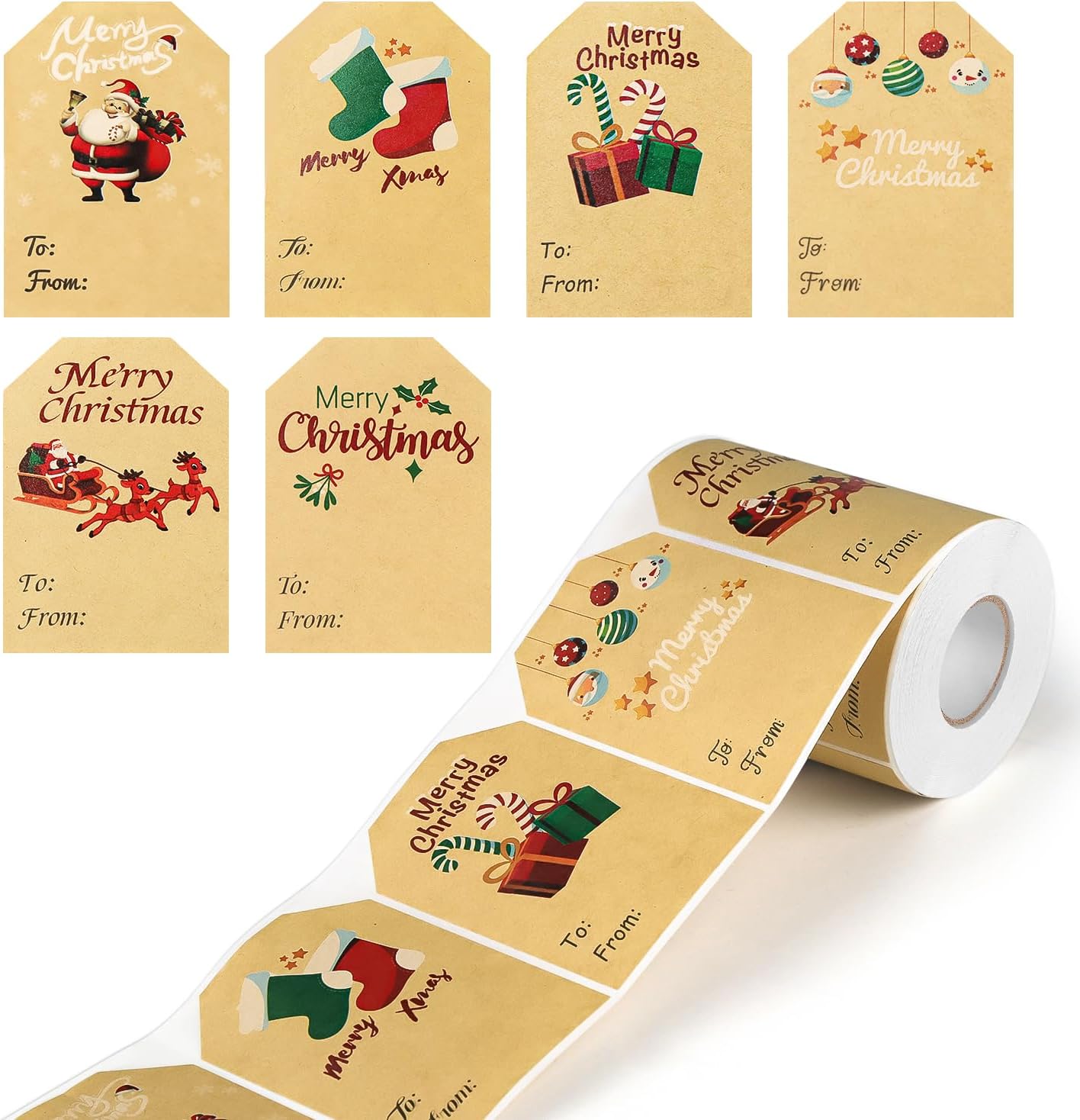 Yoget 250 PCS Chirstmas Gift Tags, Xmas Kraft Gift Tags Stickers Name Labels, Christmas Decorations (50x70mm, 6 Designs)