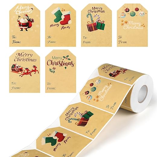 Yoget 250 Labels Chirstmas Gift Tags Stickers, Xmas Kraft Gift Tags Stickers Name Tag Labels, Self Adhesive Christmas Tag for Cards Gift Boxes (50x70mm, 6 Designs)