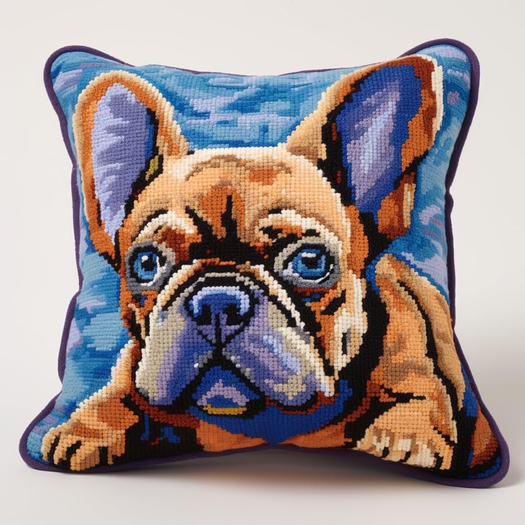 French Bulldog Latch Hook Kits Pillow Printed Canvas Handmade Cushion Latch and Hook Crochet Yarn Embroidery Kit DIY Pillowcase Christmas Decoration 43x43cm(1)