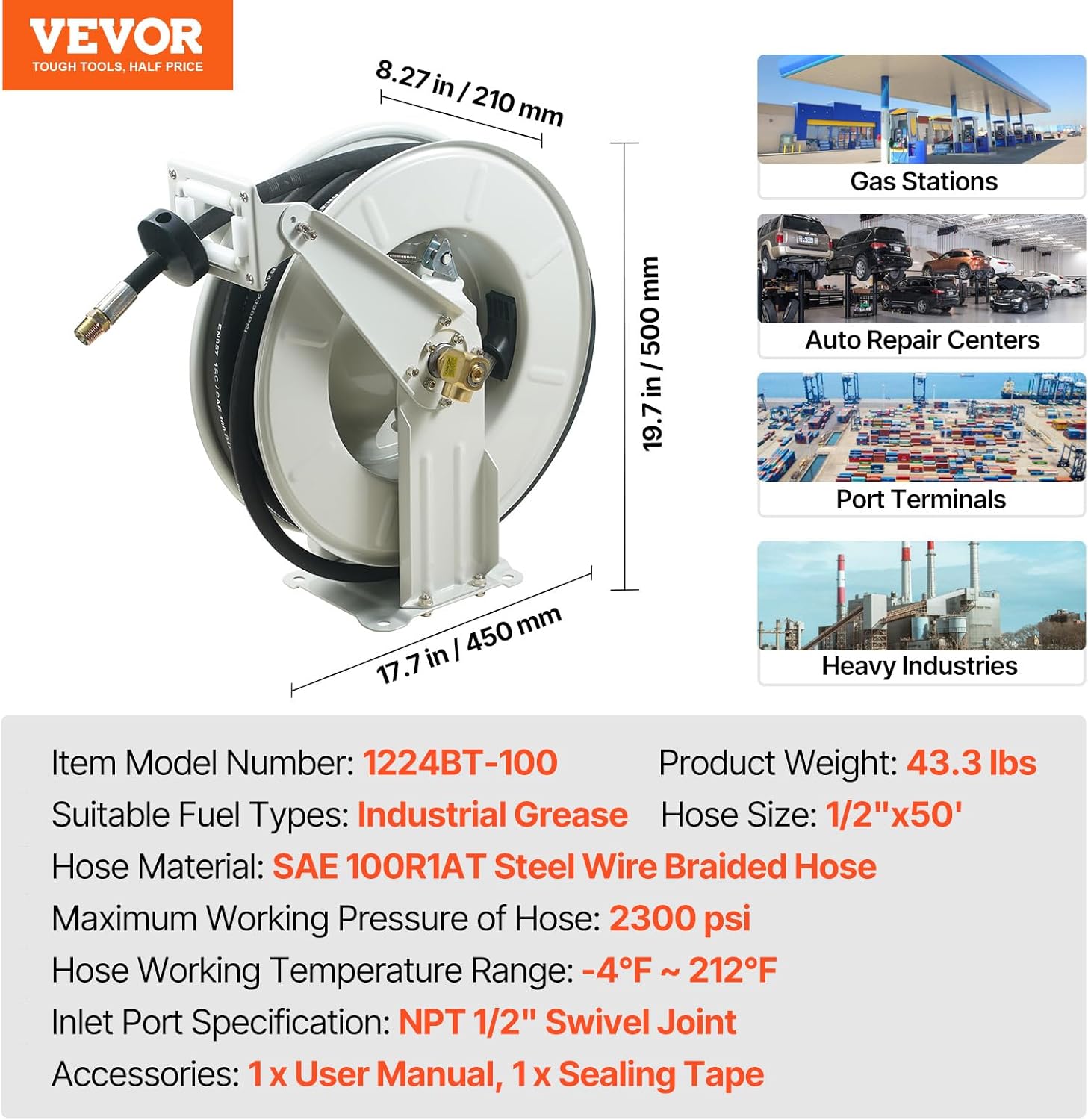 VEVOR Fuel Hose Reel, 1/4" x 50', Extra Long Retractable Grease Hose Reel, Spring Driven Auto Swivel Rewind, Heavy-Duty Carbon Steel Construction with Hose for Auto Repair, Heavy Industries, 5800 PSI