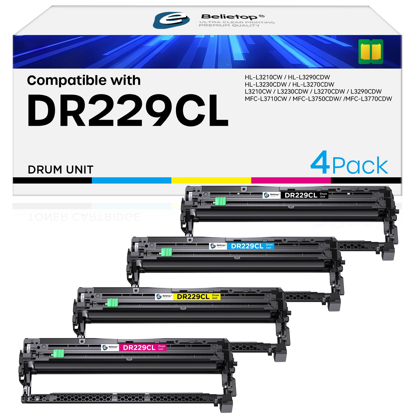 Photo 1 of belietop DR229CL Drum Unit (NOT Toner) Replacement for Brother DR-229CL DR 229 use with TN229XL TN-229 TN 229 Work for MFC-L3720CDW MFC-L3765CDW MFC-L3780CDW HL-L3295CDW Printers (4 Pack Not Toner)