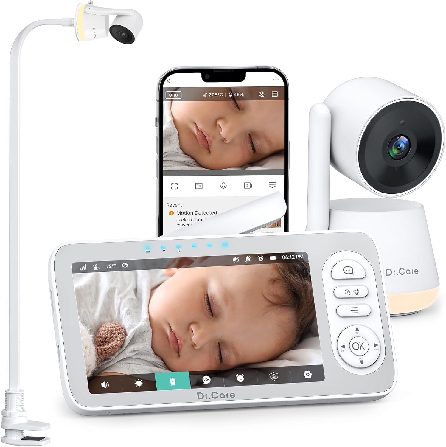 Dr.Care LumiView Plus Smart WiFi Baby Monitor with Clip Mount – 5.5″ 1080P Split Screen & 2K Camera, Privacy Mode, Cry & Motion Alerts, 5000mAh Removable Battery, RGB Night Light, HD Night Vision