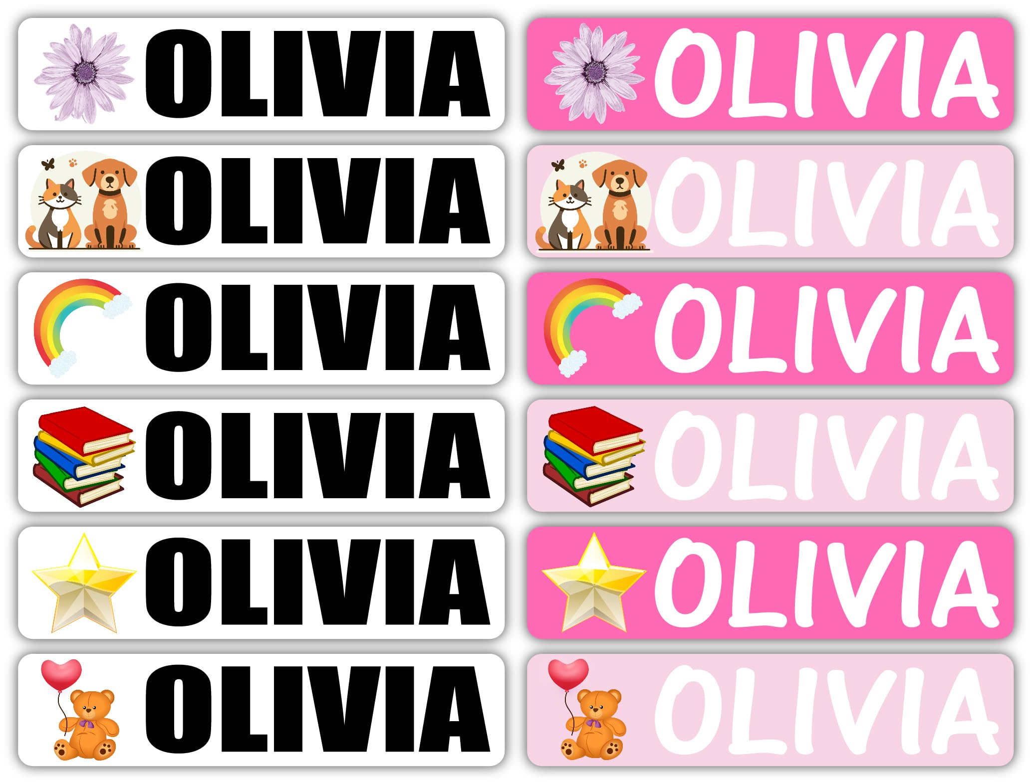 Name Labels for Kids - Olivia Design (12 Pack) 3.25" x.75 Each | Personalized Stickers for Personal Items, School or Daycare Supplies, Water Bottles,