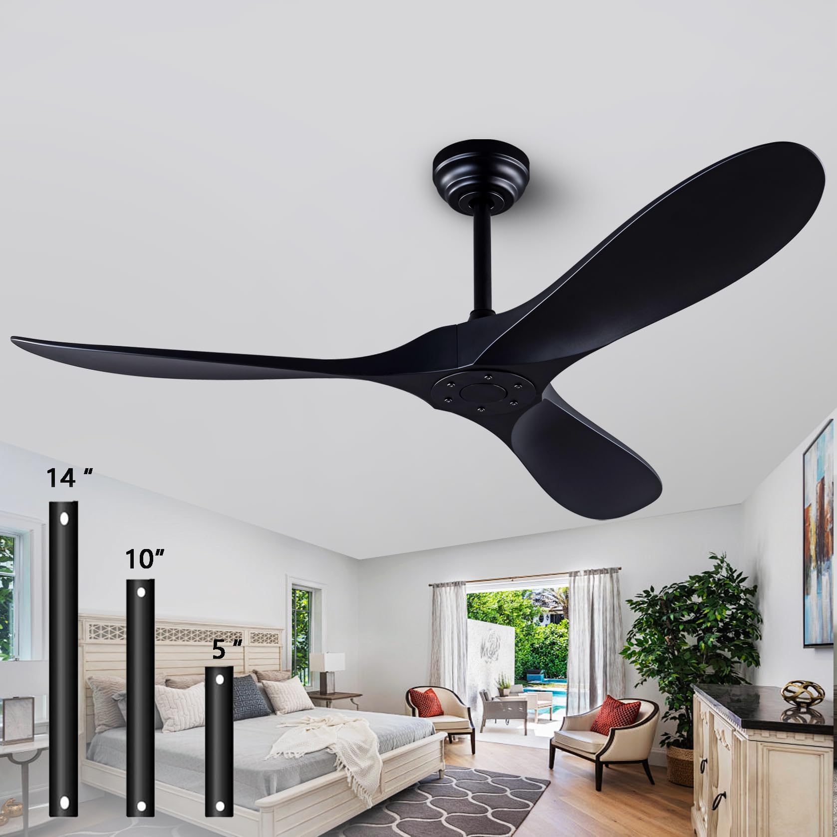 52" Ceiling Fans with Remote Control without Light, Modern Reversible DC Motor Indoor Outdoor 3 Blade Ceiling Fan for Patio, Bedroom and Farmhouse (Black)