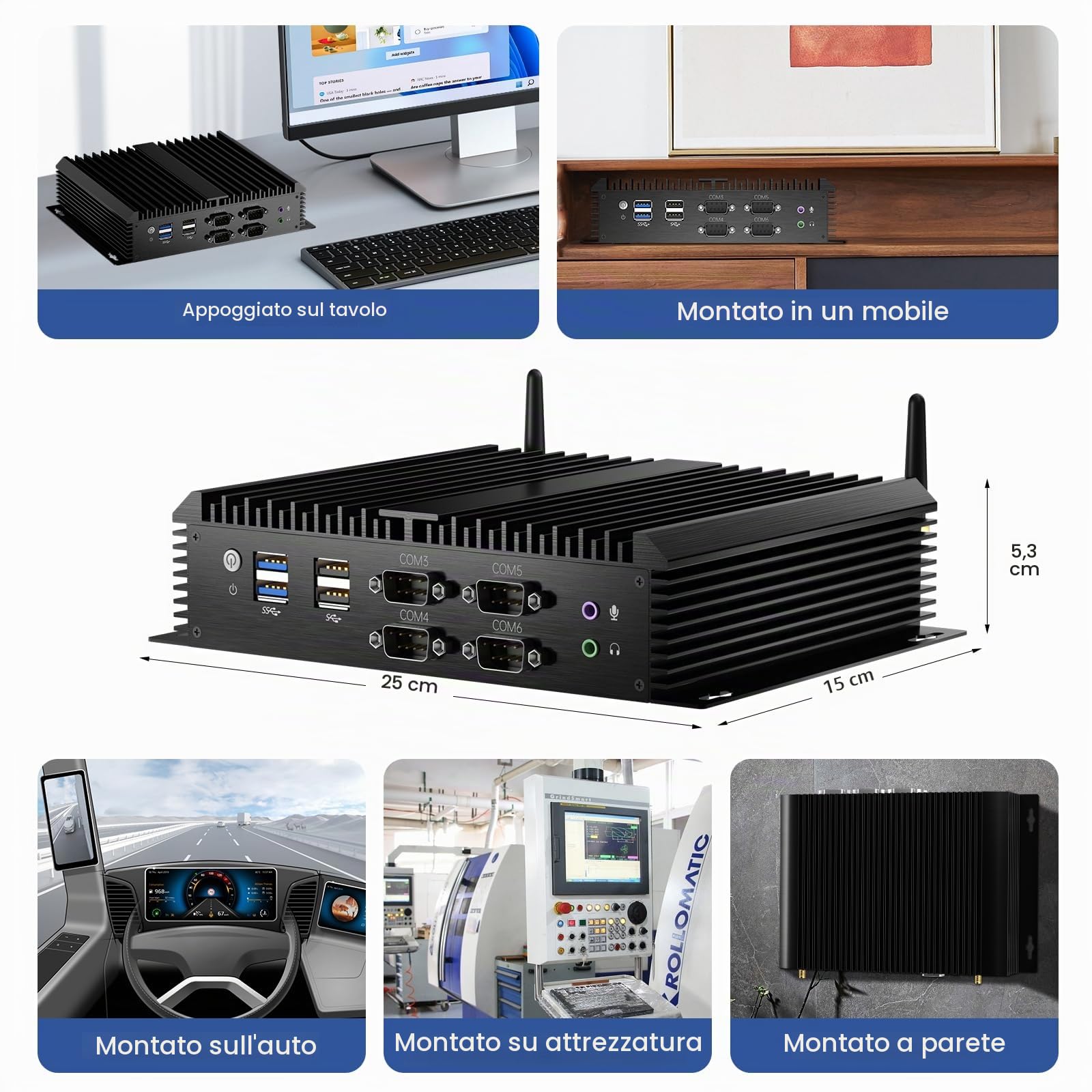 Mini PC Industriale, Computer Desktop Senza Ventola Core i7-1165G7 2,8-4,7 GHz, Win-11 Pro, 32G DDR4, SSD 1T, VGA/HDMI 4K@60Hz, 2xLAN da 2,5 G, 6xCOM RS232, Slot per Modulo 4G, WiFi6/BT5.2