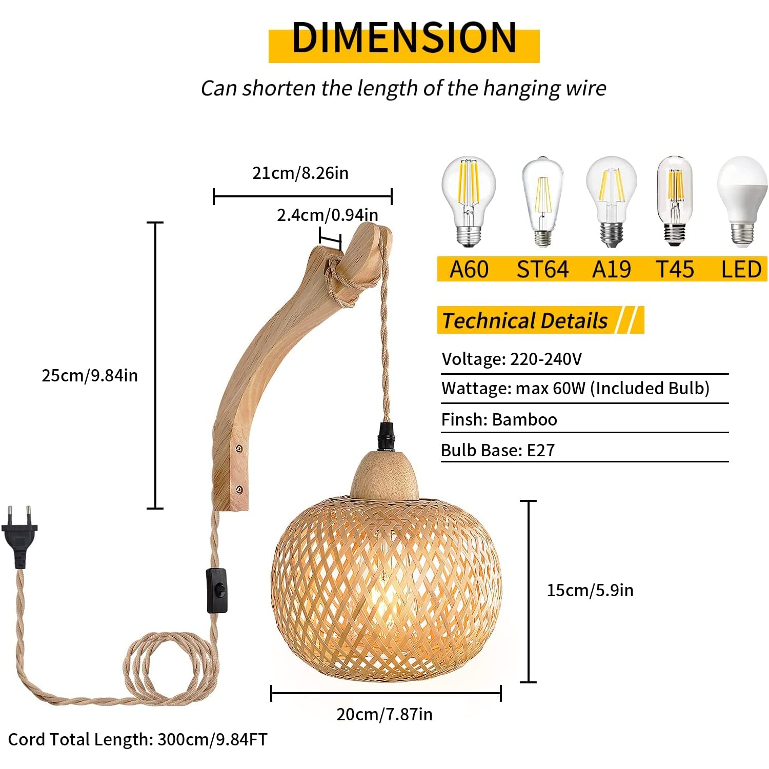 Drewniana Lampa Ścienna Wewnętrzna, Vintage Lampa Ścienna z Wtyczką i Przełącznikiem, Latarnia Bambusowa E27 Retro, Rattanowa Kinkiet do Sypialni Salonu (Bez Żarówki)