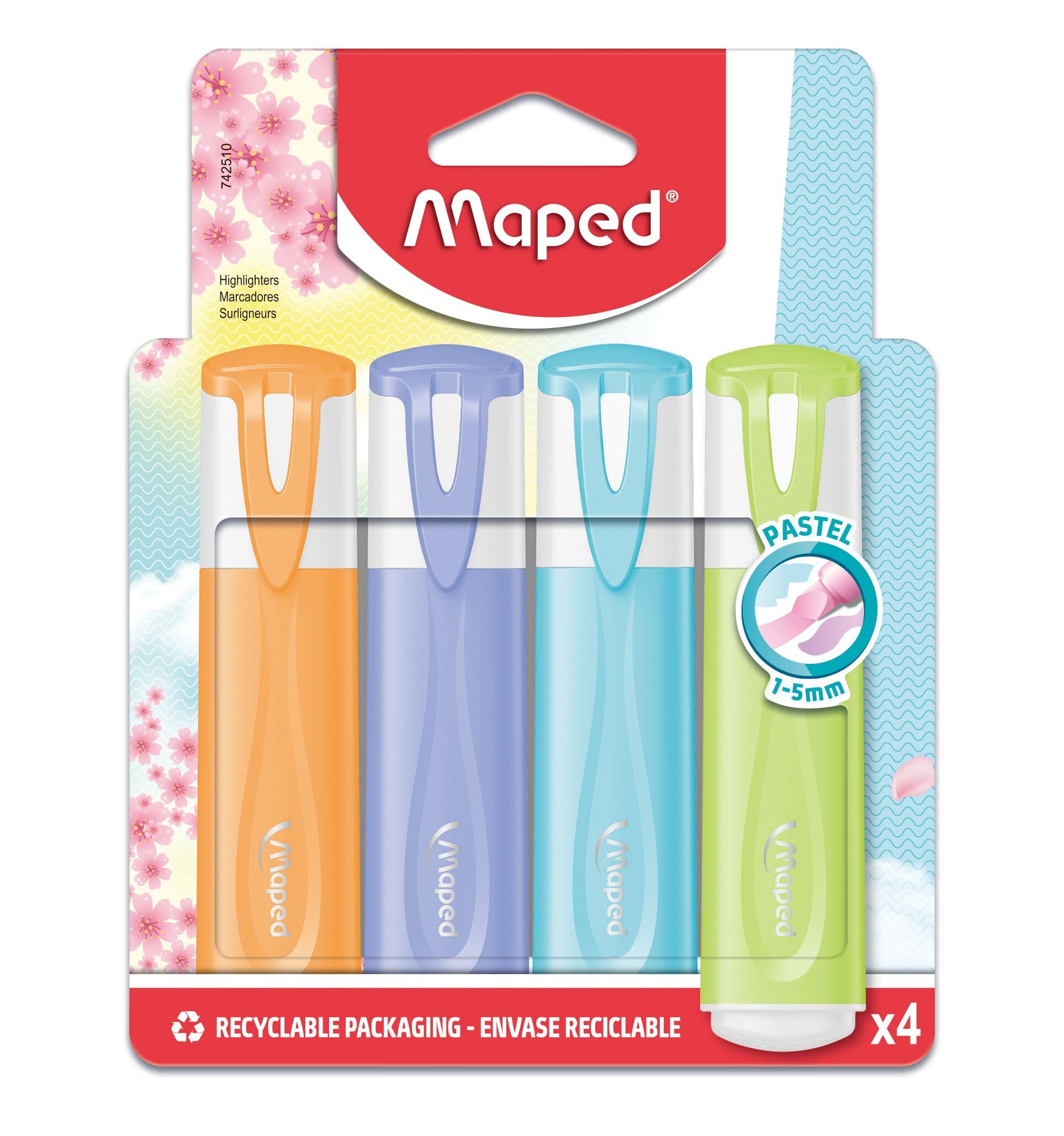 Maped - Fluo Peps Pastel Highlighters - 4 Highlighters in Various Light Pastel Shades