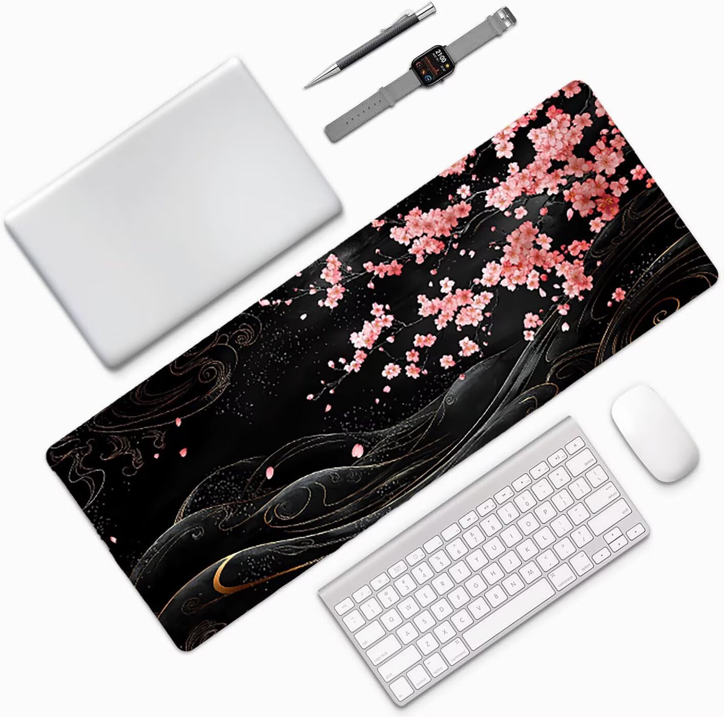 Lpfieonn Kirschblüten Großes Schreibtischunterlage, XXL Schreibtischunterlagen, Schwarz XXL Wasserdicht Gaming Mousepad mit Vernähter Rand und Rutschfeste Gummibasis, für Hause/Büro 120x60cm PF-1769
