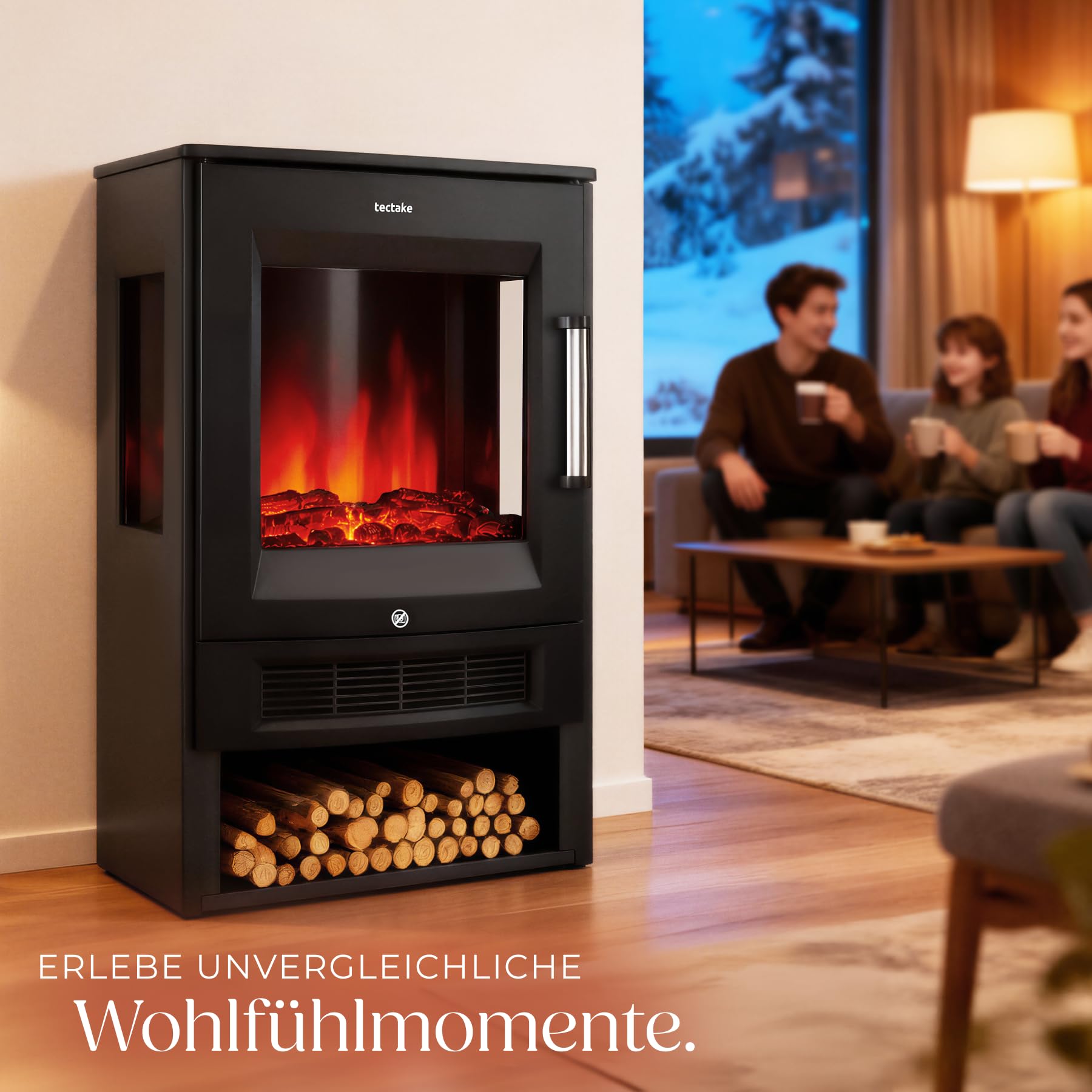 tectake® Elektrokamin mit 2 Heizstufen 900W/1800W, elektrischer Kamin mit 3D-Flammeneffekt Kaminfeuer in 8 Farben, Kamin mit Fernbedienung und Tuya-App-Steuerung, Timer, Elektro Kamin, schwarz