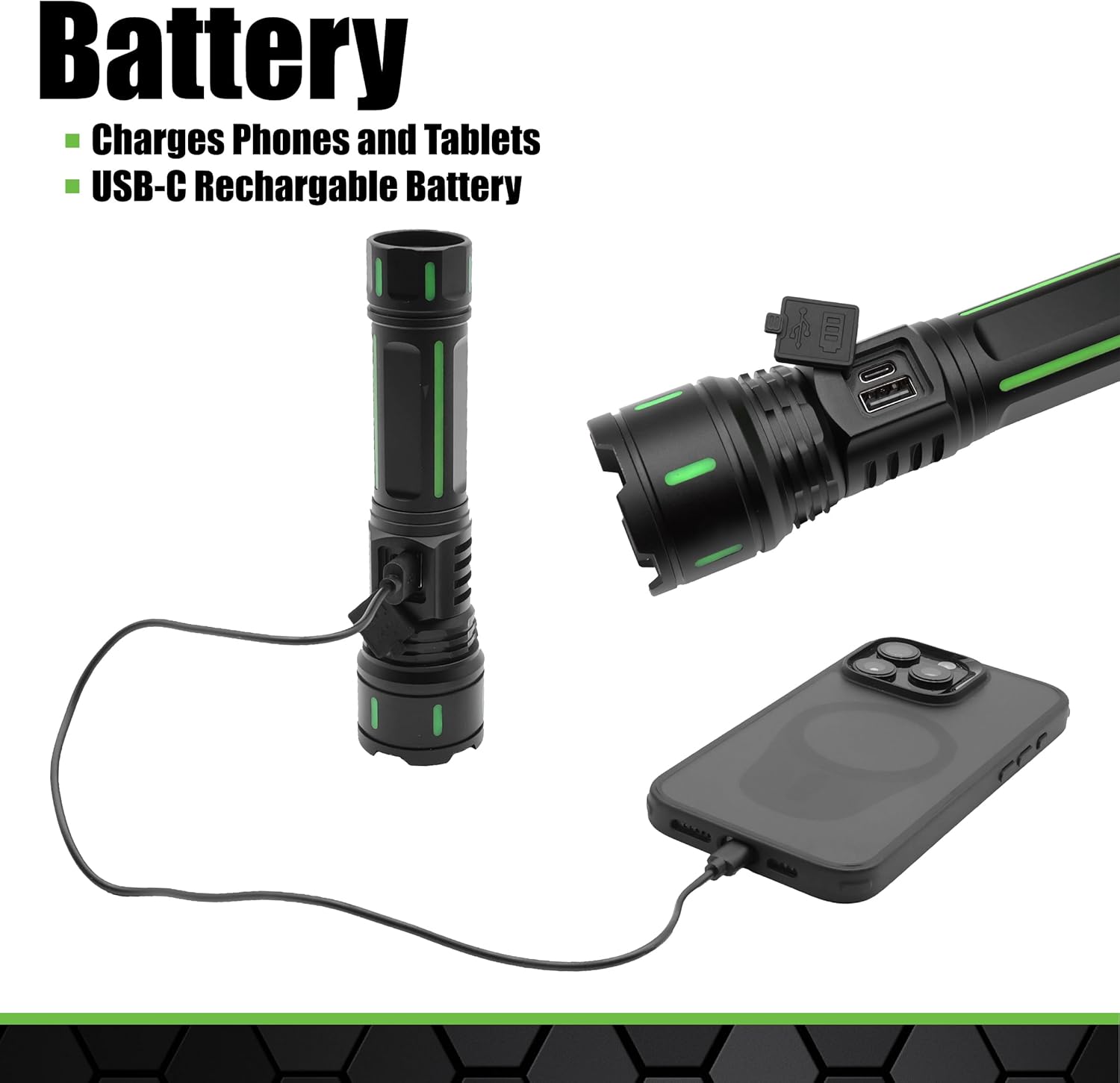 Grip Rechargeable LED Flashlight & USB-C Power Supply - 1000 Lumens - 3280 ft Spotlight - 3 Modes - Aluminum Alloy - Emergency Phone Charger - Camping, Hiking, Walking