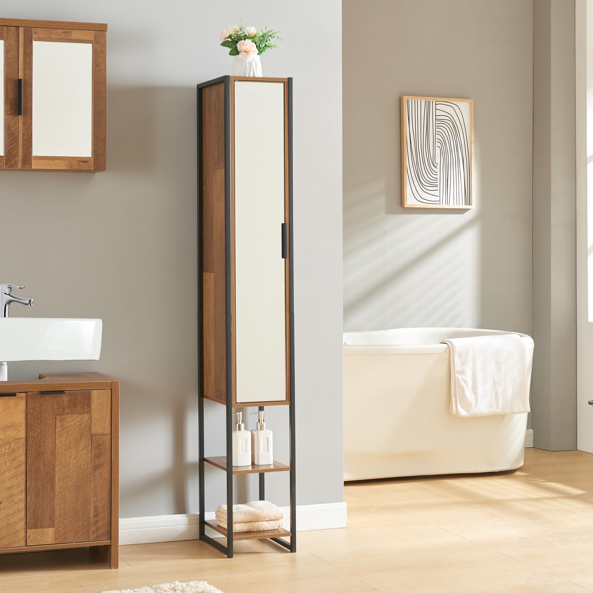 [en.casa] Armario Alto Namsskogan Columna de Baño con 2 Compartimentos Abiertos y 5 Cerrados Mueble Auxiliar Alto Baño Puerta con Espejo Aglomerado Metal 160 x 24 x 30 cm - Efecto Nogal y Negro