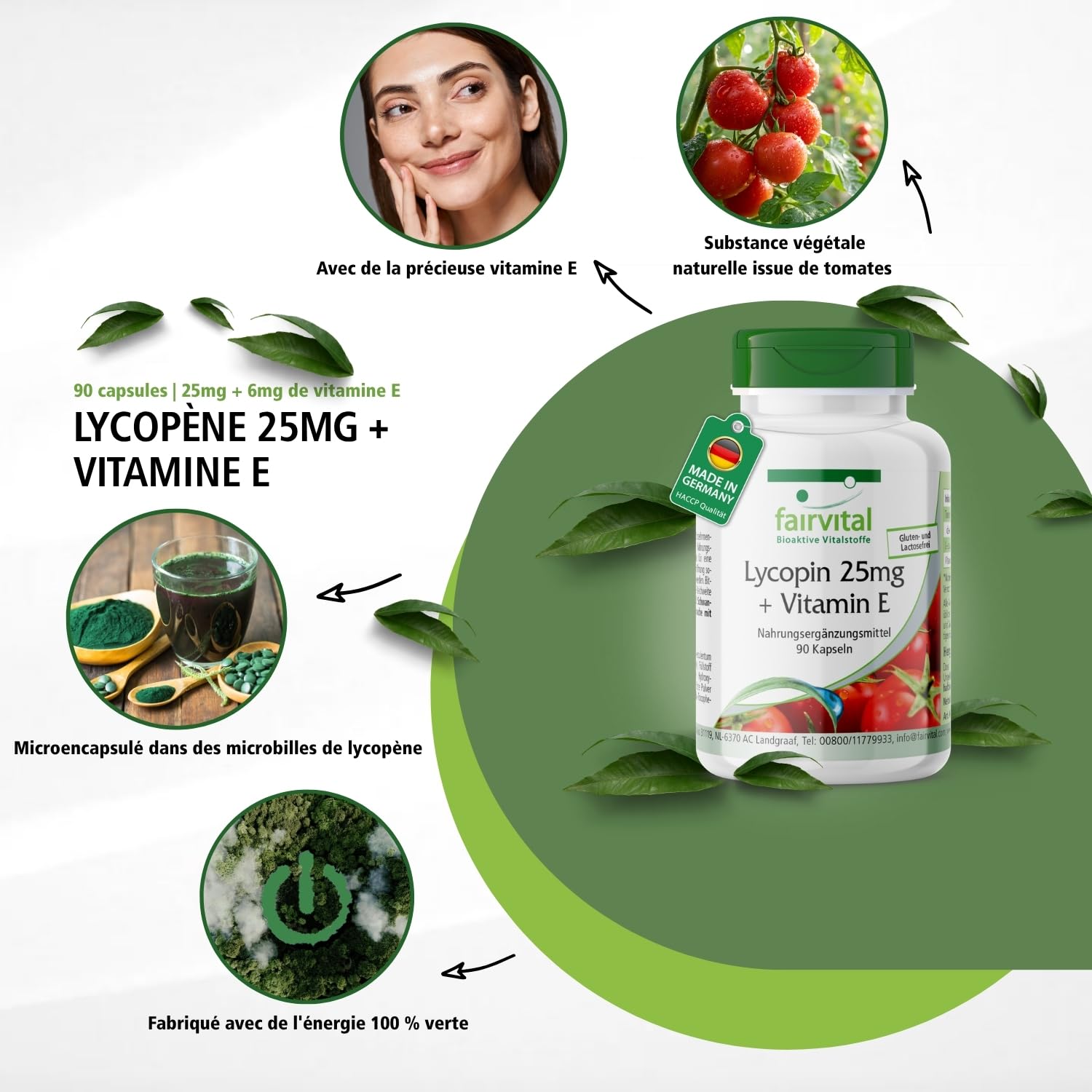 fairvital Capsules de lycopène avec vitamine E, 90 capsules, faciles à avaler, 25mg de lycopène, VÉGÉTALIENNES, micro-encapsulées