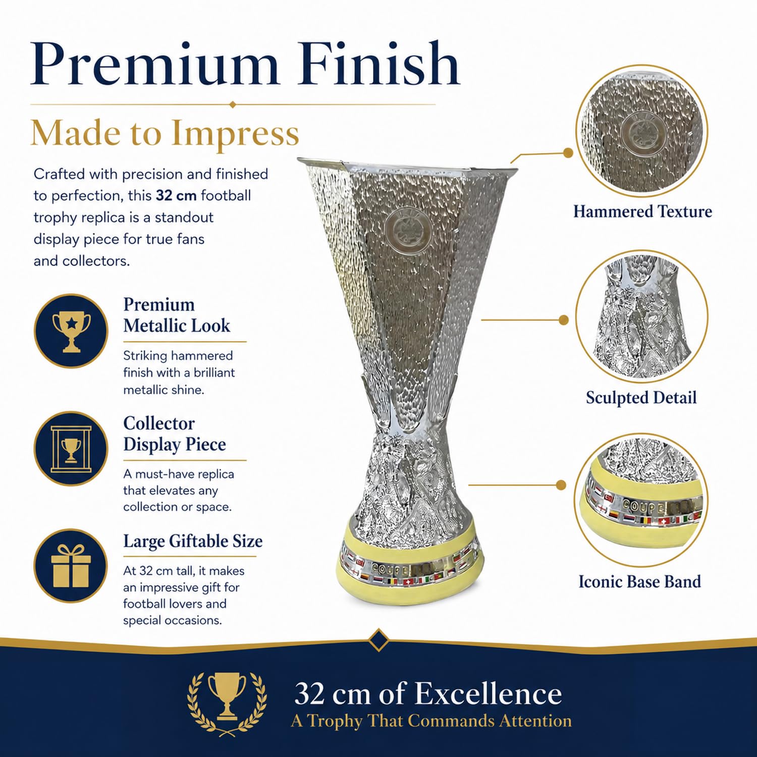Europäische Fußball Liga Trophäe Replik, Champions Soccer Cup, Fußball Fan Geschenk, Schreibtisch Deko für Club, Home Office, Regal, Fanraum, Bar,32cm | 3 Größe Silberharz Liga Champions Pokal, Fanartikel Geschenk, Sammler, Souvenir, Büro, Regal, Fanraum