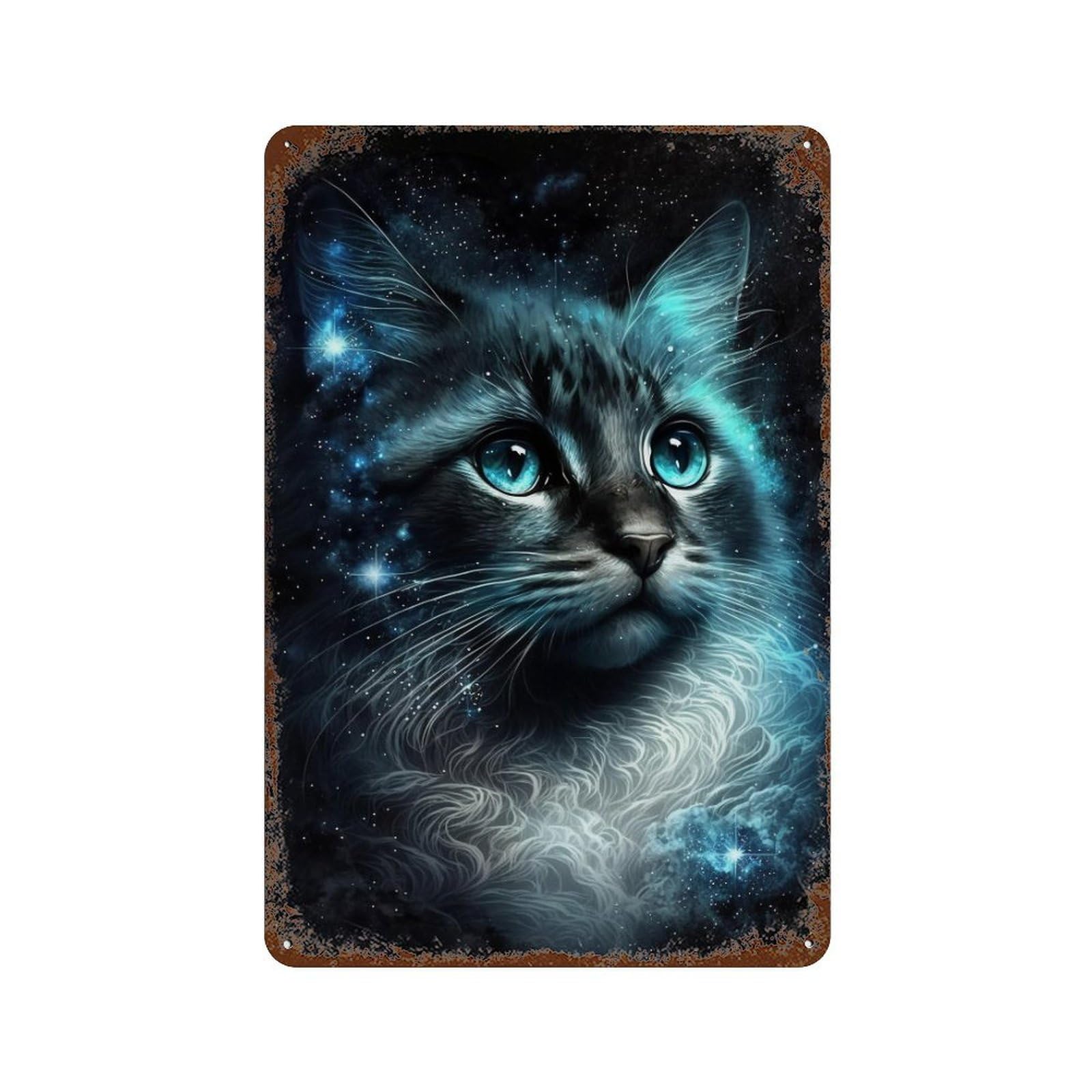 Galactic Cat Portrait -3 11.8"x7.9" Distressed Metal Wall Sign, Shabby Chic Decor for Shed, Workshop And Garage Wall Decor