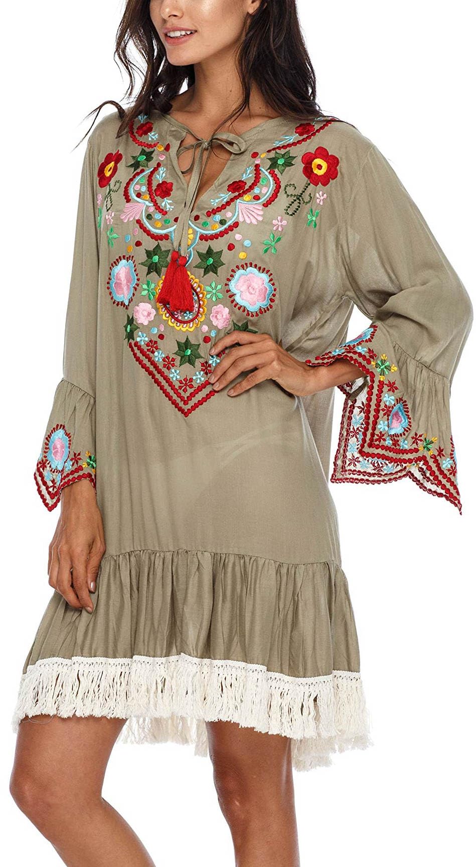 SHU-SHI Abito corto da donna ricamato con maniche a campana, stile bohémien, stile casual