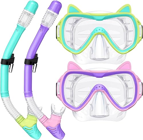 2025 Cute Kitten Kids Snorkel Set,Pastel Colors, Anti-Fog Tempered Glass Snorkeling Gear for Kids Age 6 and up  Ideal for Birthdays or Graduation