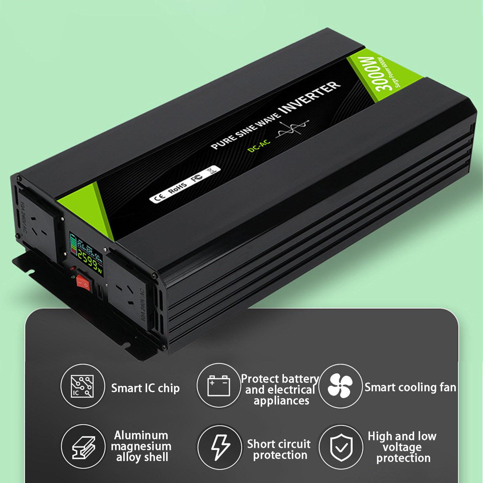 Przetwornica Napięcia Samochodowego Przetwornica DC 12 V/24 V/48 V do AC 110 V/220 V, Szybka ładowarka Samochodowa do Podróży Służbowych i Wakacji,3000W-DC12V-AC220V