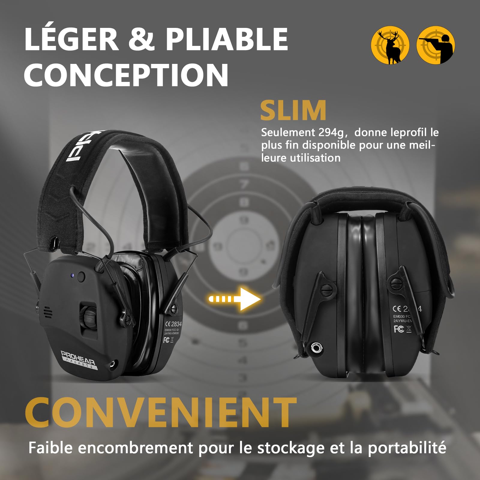 PROHEAR 030 Protection auditive électronique avec Bluetooth 5.4, protection auditive, protection auditive, réduction du bruit, amplification du son pour la chasse, NRR22dB SNR 27 dB, gel noir