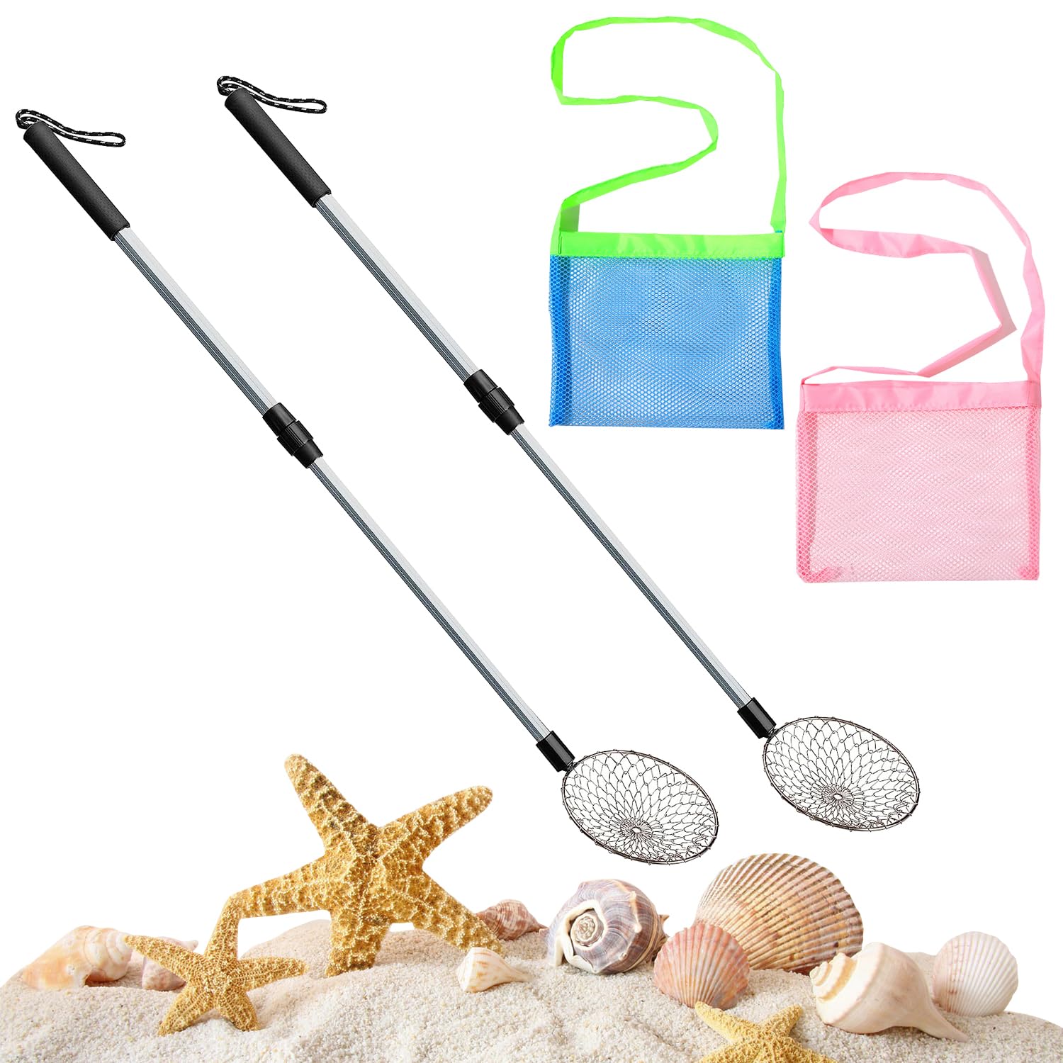 2 Pcs Beach Sand Sifter, Shell Shovel, Shark Tooth Sifter, Sand Scoop with Mesh Beach Bag, Adjustable Handle Shovel and Sifter Tool for Picking Up Shells Beachcombing & Rock Hunting