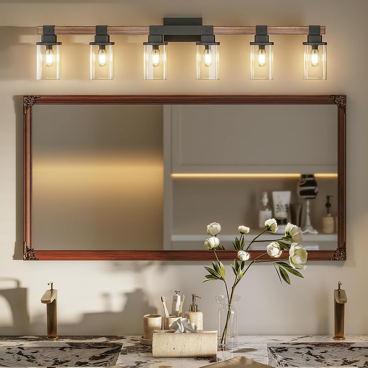 6 Light Bathroom Vanity Light 41 in with Glass Shade, Farmhouse Vanity Light for Bathroom Light fixtures Over Mirror, Square Rustic Brown